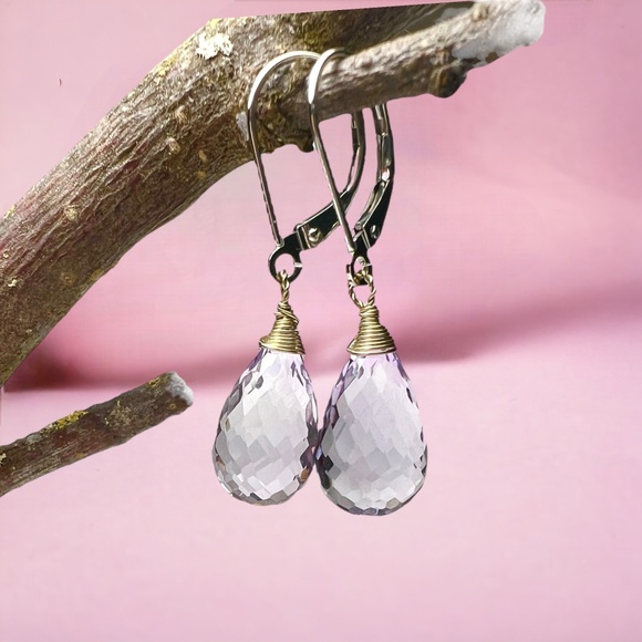 Handcrafted Natural Rose de France Amethyst Earrings 14K White Gold, NEW - Picture 6 of 9
